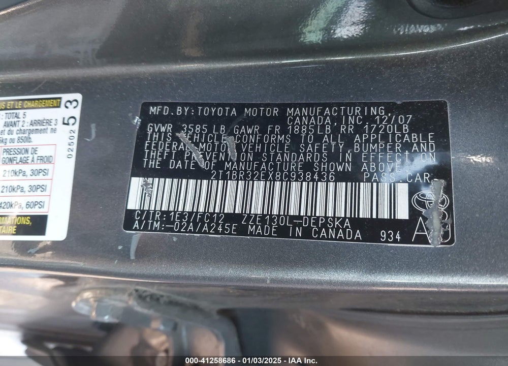 2008 TOYOTA COROLLA S VIN: 2T1BR32EX8C938436