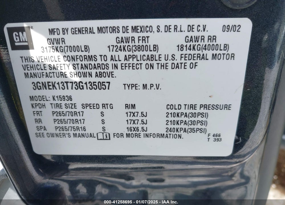 2003 CHEVROLET AVALANCHE 1500 VIN: 3GNEK13T73G135057