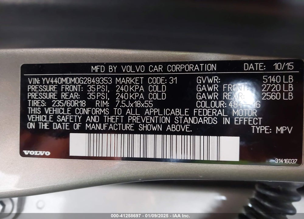 2016 VOLVO XC60 T5 DRIVE-E PLATINUM VIN: YV440MDM0G2849353