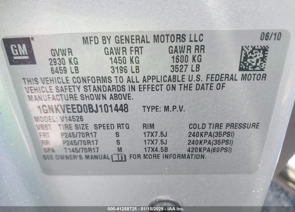 2011 CHEVROLET TRAVERSE LS VIN: 1GNKVEED0BJ101448