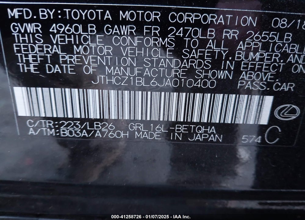 2018 LEXUS GS 350 VIN: JTHCZ1BL6JA010400