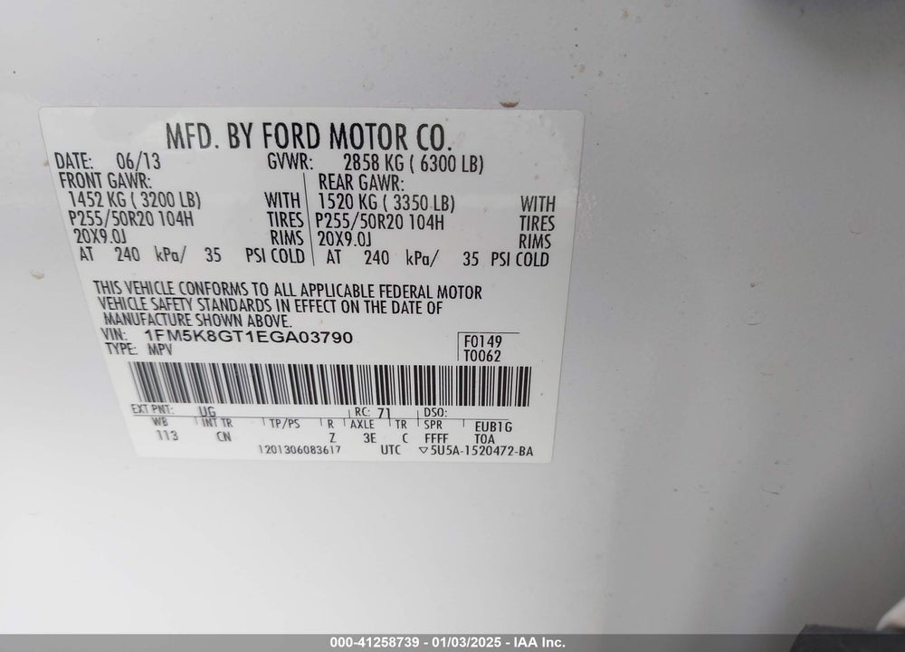 2014 FORD EXPLORER SPORT VIN: 1FM5K8GT1EGA03790