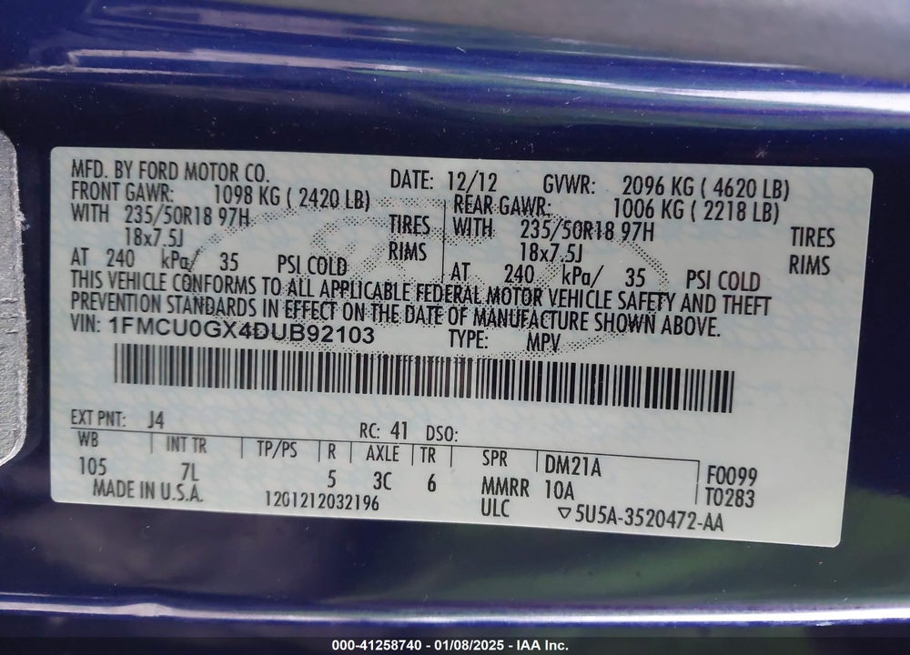 2013 FORD ESCAPE SE VIN: 1FMCU0GX4DUB92103