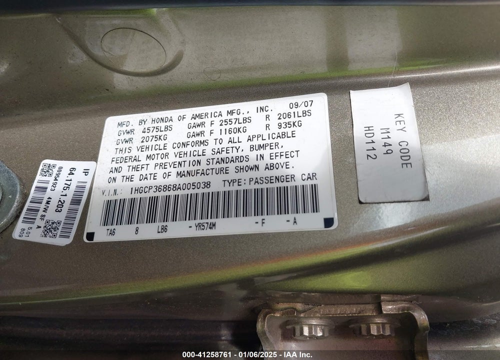 2008 HONDA ACCORD VIN: 1HGCP36868A005038
