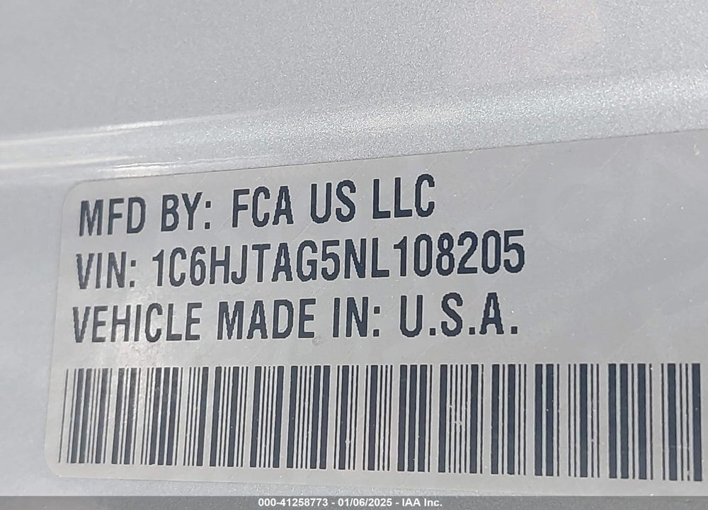 2022 JEEP GLADIATOR VIN: 1C6HJTAG5NL108205