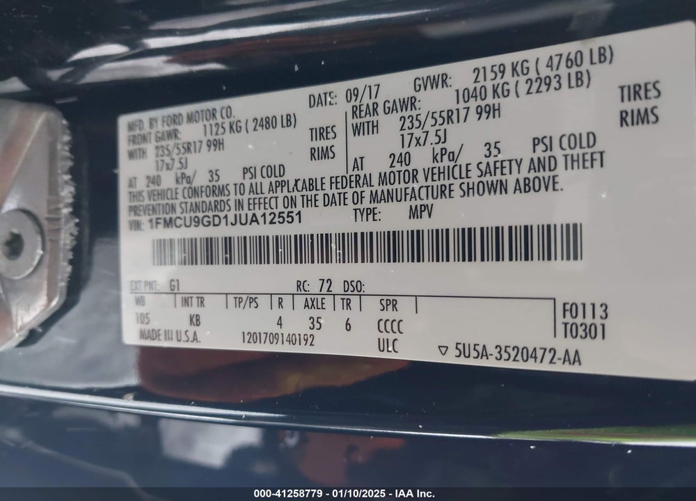 2018 FORD ESCAPE SE VIN: 1FMCU9GD1JUA12551
