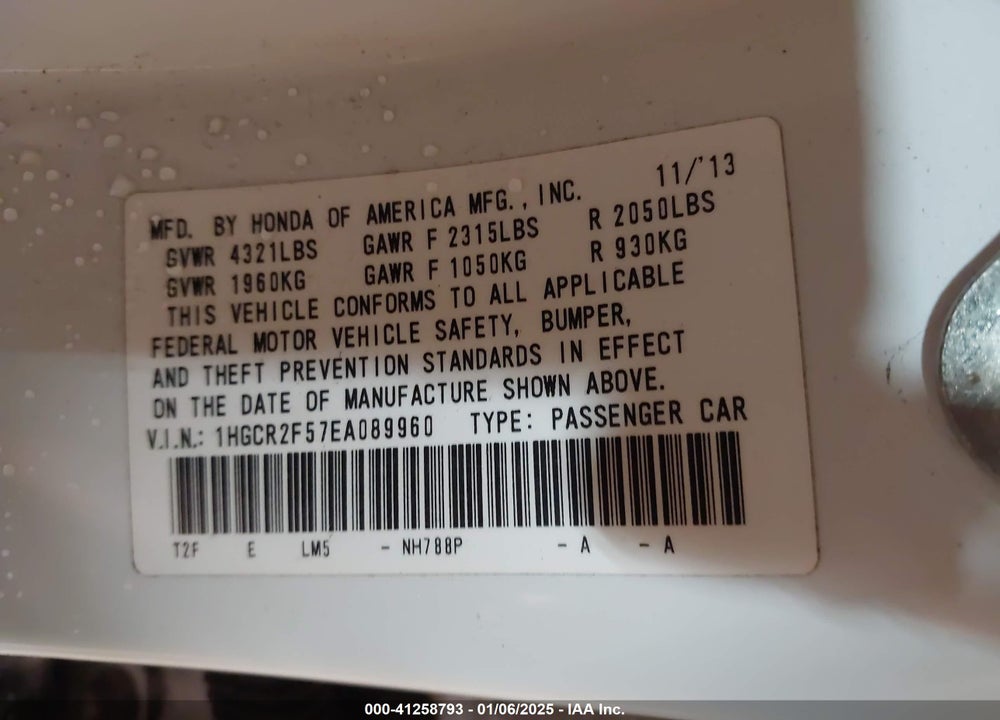 2014 HONDA ACCORD VIN: 1HGCR2F57EA089960