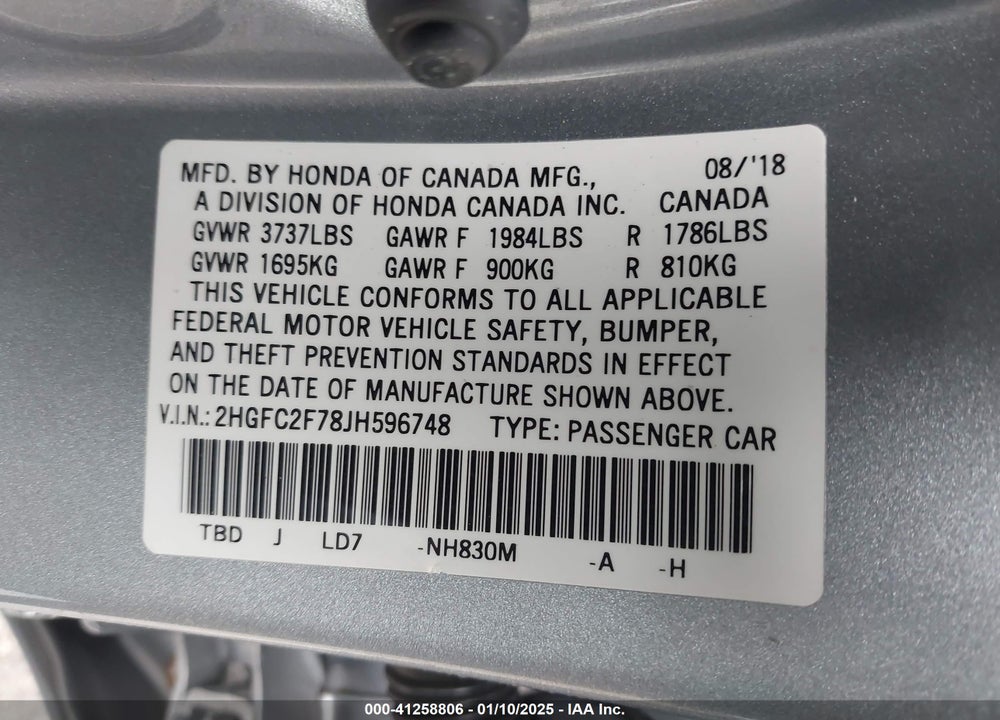 2018 HONDA CIVIC EX VIN: 2HGFC2F78JH596748