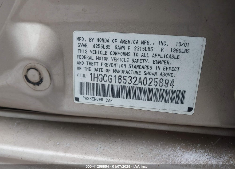 2002 HONDA ACCORD 3.0 EX VIN: 1HGCG16532A025894