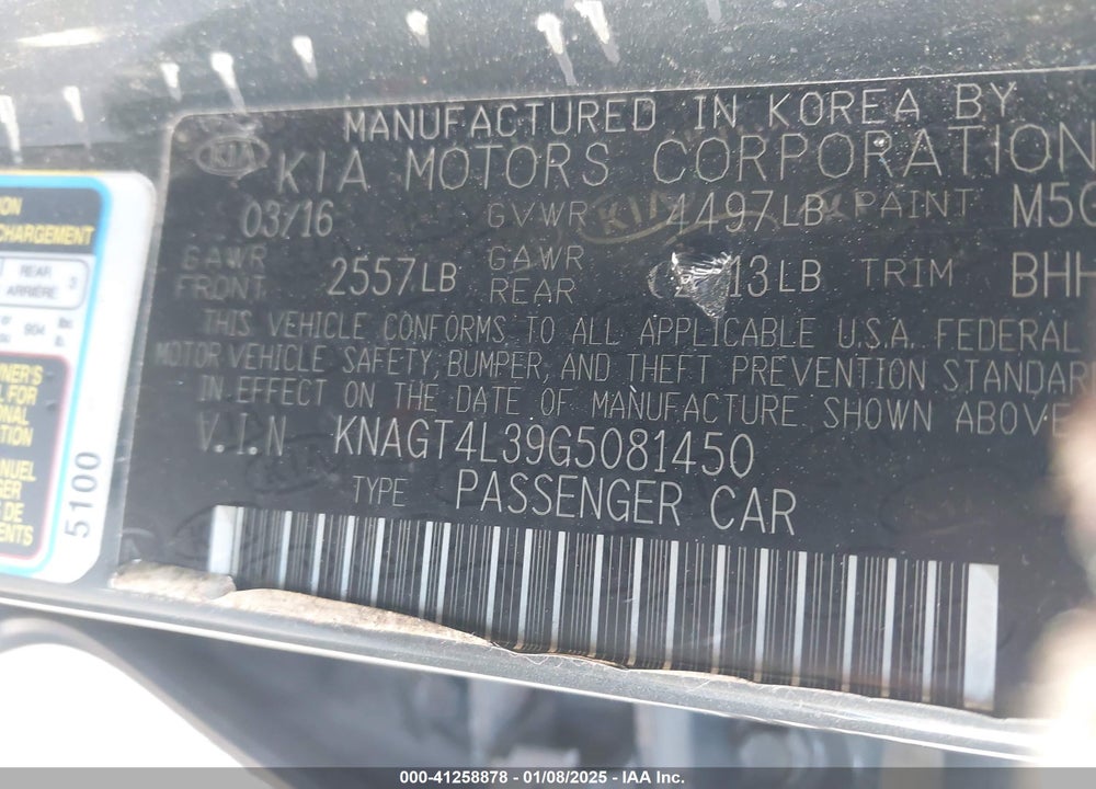 2016 KIA OPTIMA VIN: KNAGT4L39G5081450