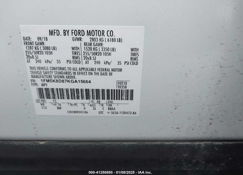 2019 FORD EXPLORER XLT VIN: 1FM5K8D87KGA15664