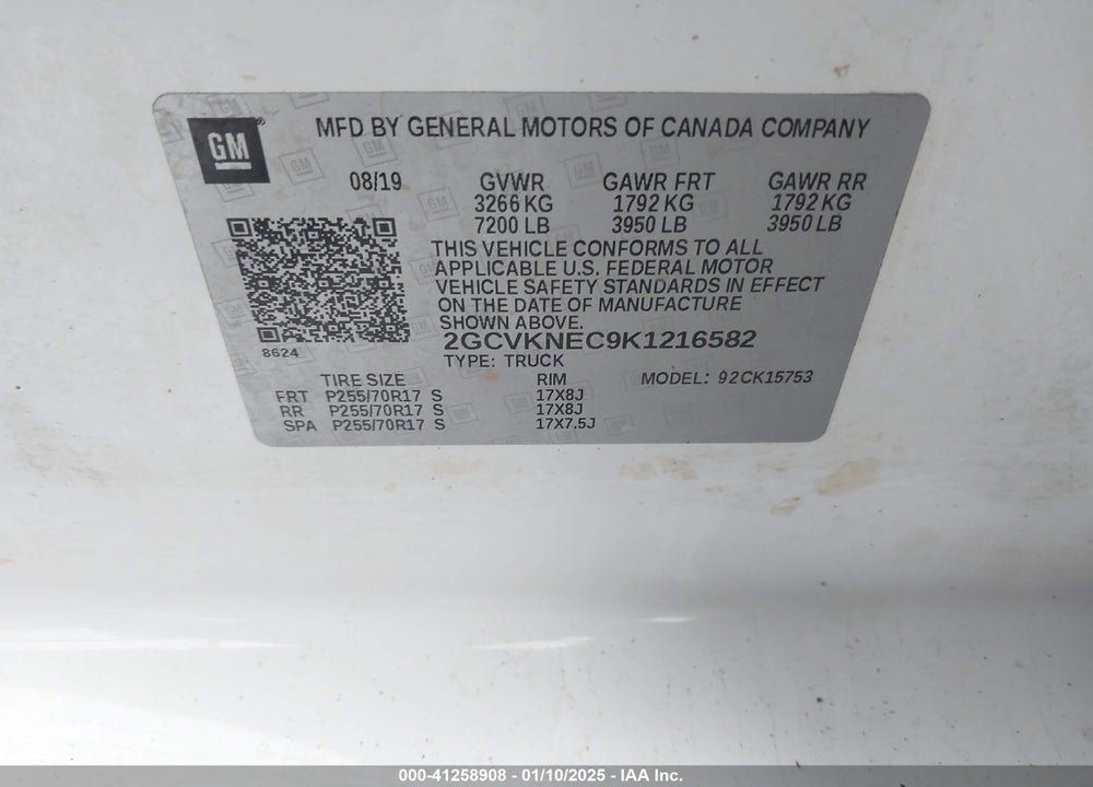 2019 CHEVROLET SILVERADO 1500 LD VIN: 2GCVKNEC9K1216582