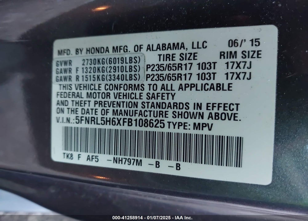 2015 HONDA ODYSSEY EX-L VIN: 5FNRL5H6XFB108625