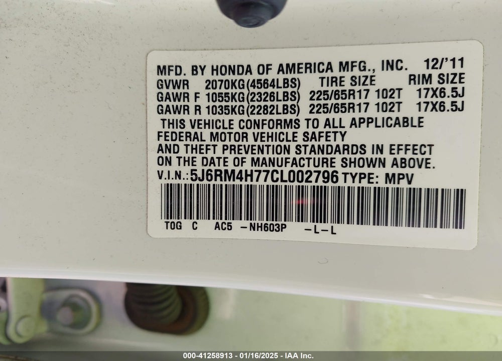 2012 HONDA CR-V EX-L VIN: 5J6RM4H77CL002796