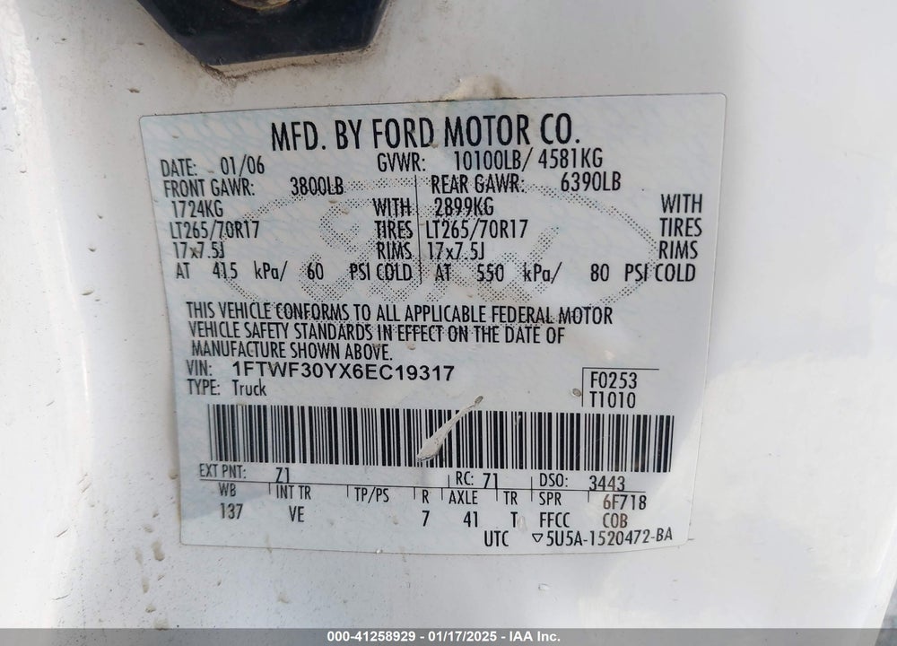 2006 FORD F-350 XL/XLT VIN: 1FTWF30YX6EC19317