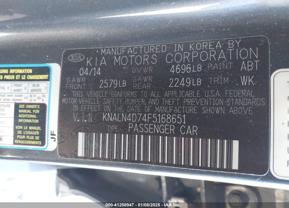 2015 KIA CADENZA PREMIUM VIN: KNALN4D74F5168651