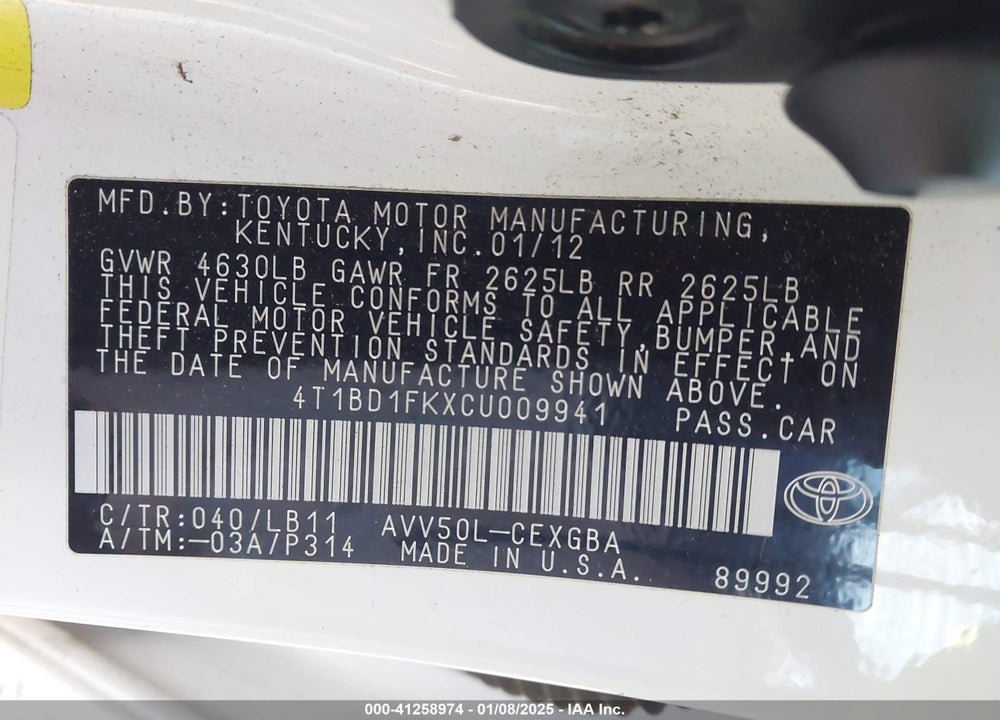 2012 TOYOTA CAMRY HYBRID XLE VIN: 4T1BD1FKXCU009941