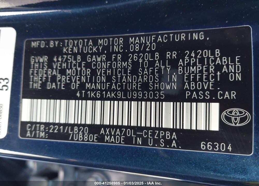 2020 TOYOTA CAMRY XSE VIN: 4T1K61AK9LU993035