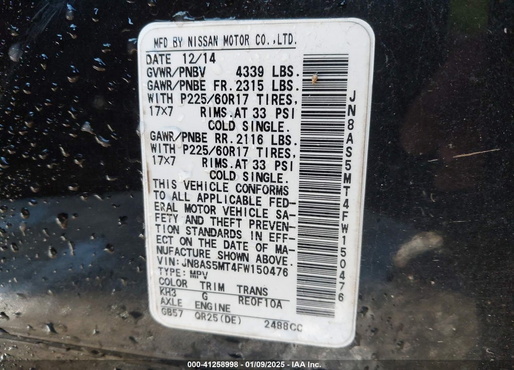 2015 NISSAN ROGUE SELECT S VIN: JN8AS5MT4FW150476