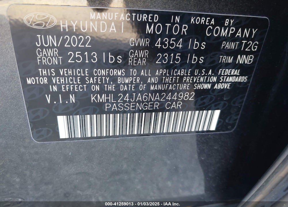 2022 HYUNDAI SONATA VIN: KMHL24JA6NA244982