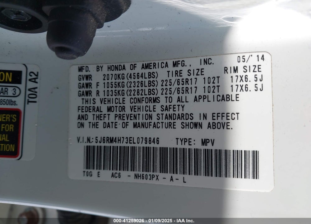 2014 HONDA CR-V EX-L VIN: 5J6RM4H73EL079846