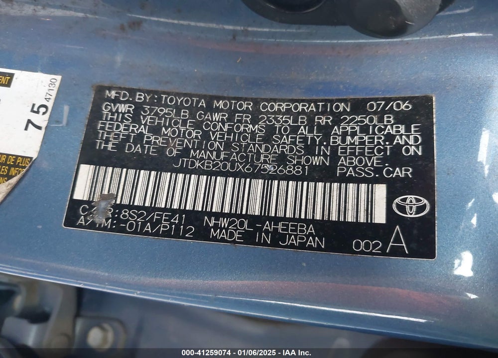 2006 TOYOTA PRIUS VIN: JTDKB20UX67526881