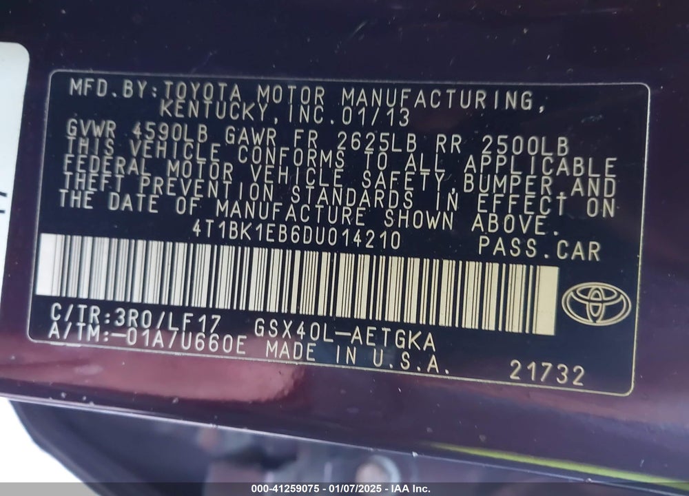 2013 TOYOTA AVALON XLE PREMIUM VIN: 4T1BK1EB6DU014210