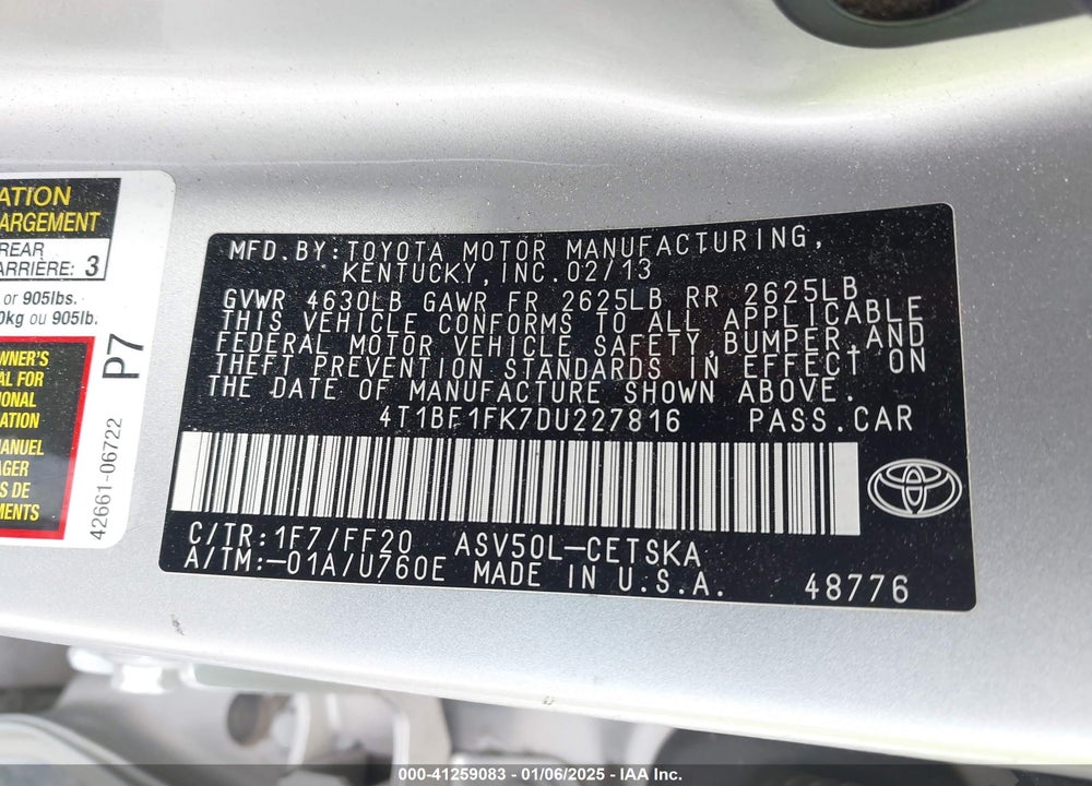 2013 TOYOTA CAMRY VIN: 4T1BF1FK7DU227816