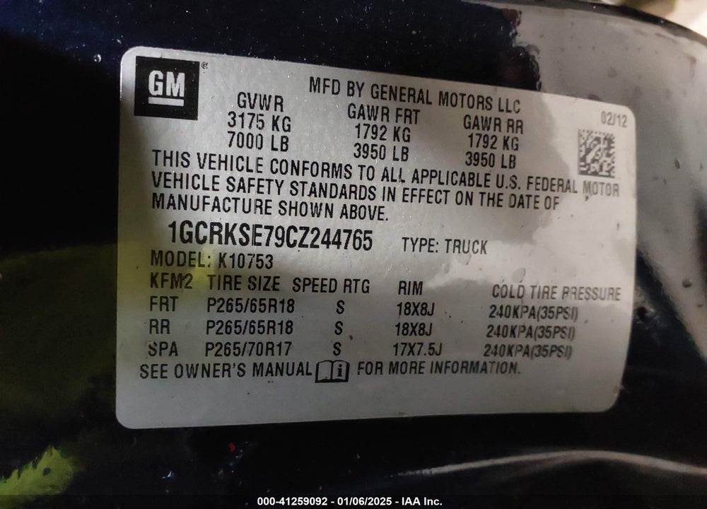 2012 CHEVROLET SILVERADO 1500 LT VIN: 1GCRKSE79CZ244765