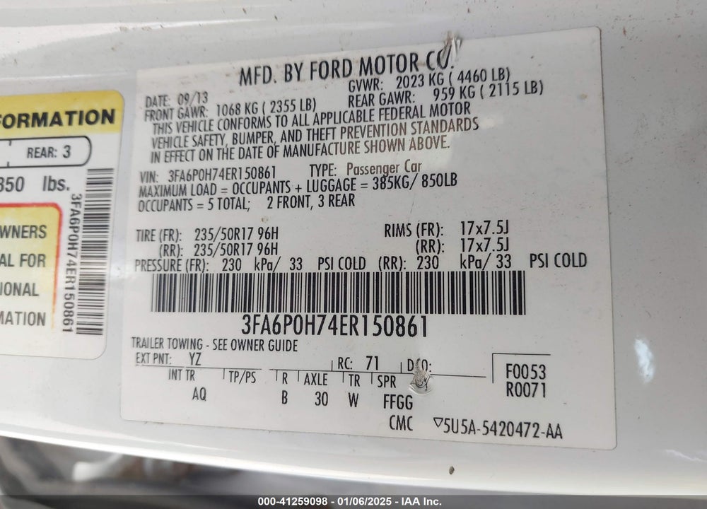 2014 FORD FUSION SE VIN: 3FA6P0H74ER150861