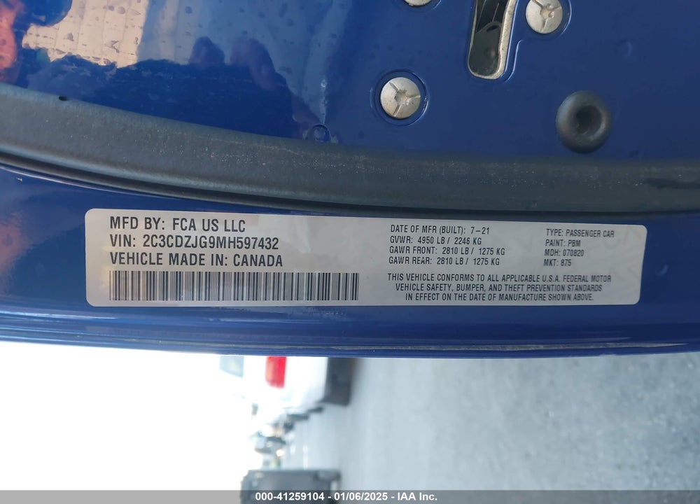 2021 DODGE CHALLENGER VIN: 2C3CDZJG9MH597432