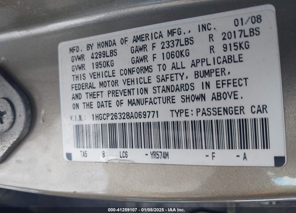 2008 HONDA ACCORD VIN: 1HGCP26328A069771