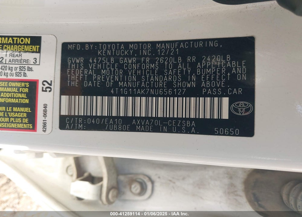 2022 TOYOTA CAMRY VIN: 4T1G11AK7NU656127