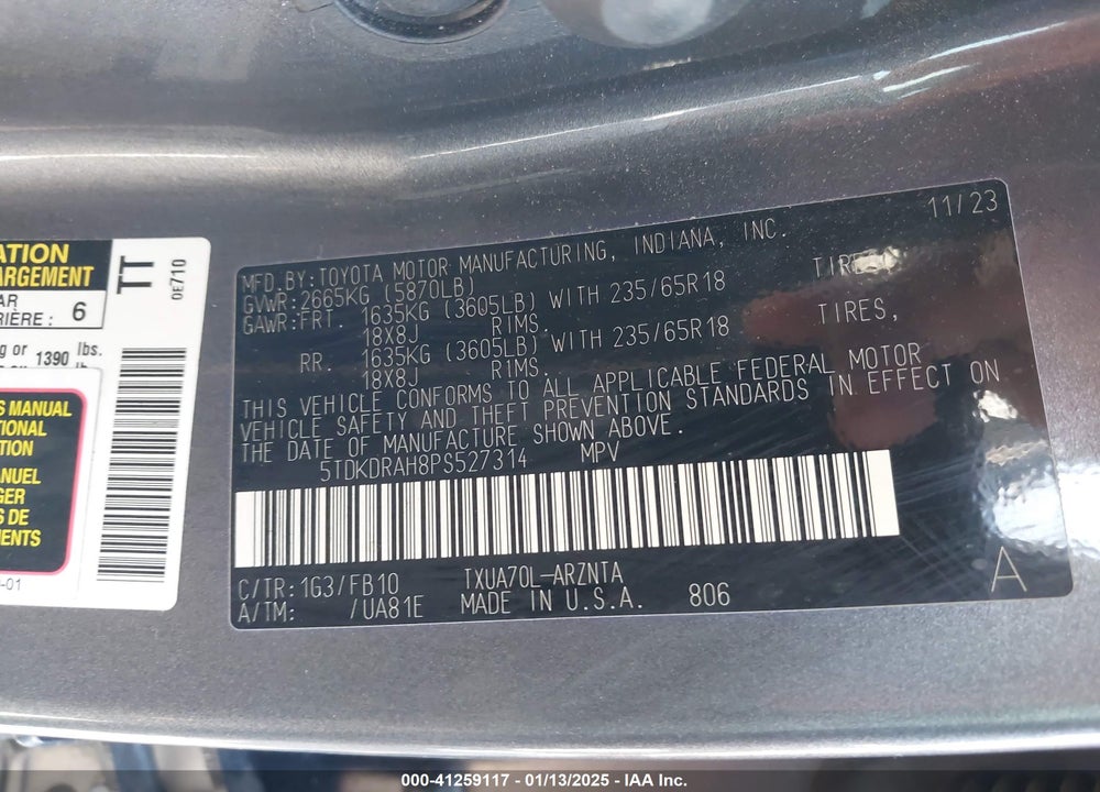 2023 TOYOTA HIGHLANDER LE VIN: 5TDKDRAH8PS527314
