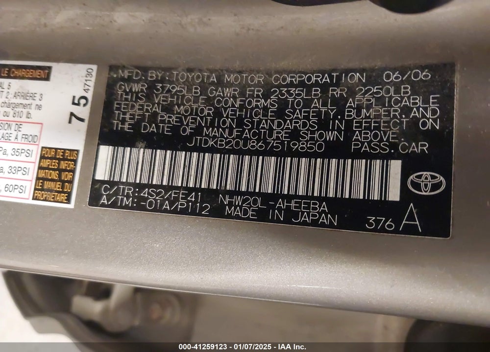 2006 TOYOTA PRIUS VIN: JTDKB20U867519850