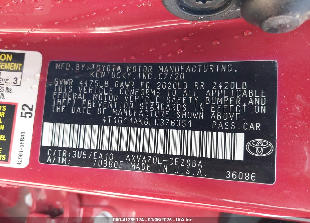2020 TOYOTA CAMRY VIN: 4T1G11AK6LU376051