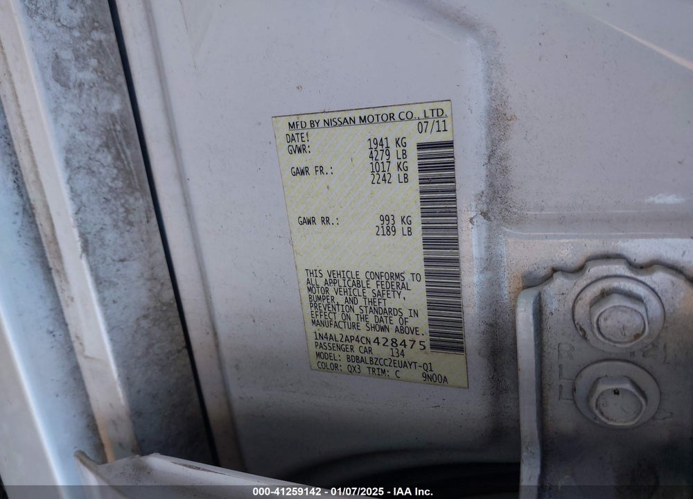 2012 NISSAN ALTIMA 2.5 S VIN: 1N4AL2AP4CN428475