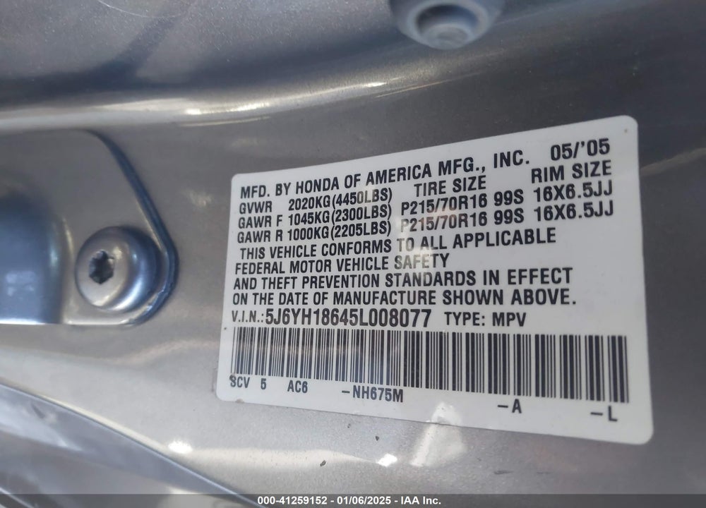 2005 HONDA ELEMENT EX VIN: 5J6YH18645L008077