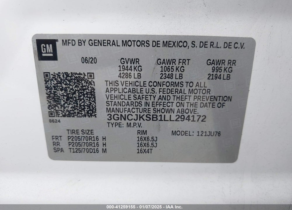 2020 CHEVROLET TRAX FWD LS VIN: 3GNCJKSB1LL294172