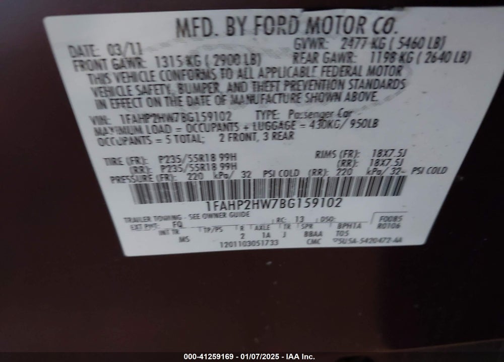 2011 FORD TAURUS VIN: 1FAHP2HW7BG159102