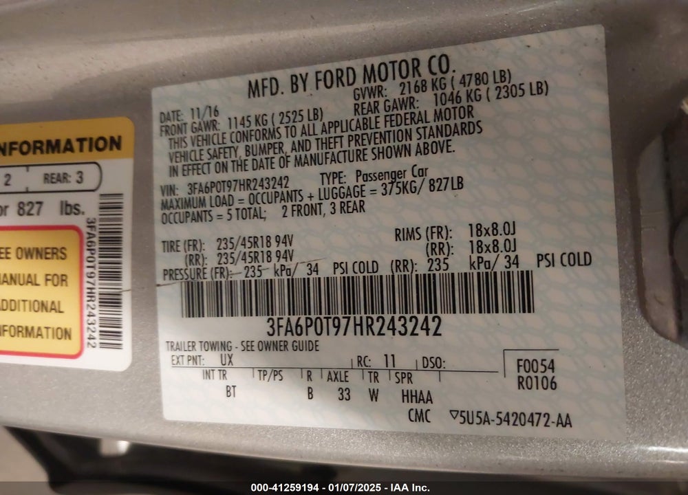 2017 FORD FUSION VIN: 3FA6P0T97HR243242