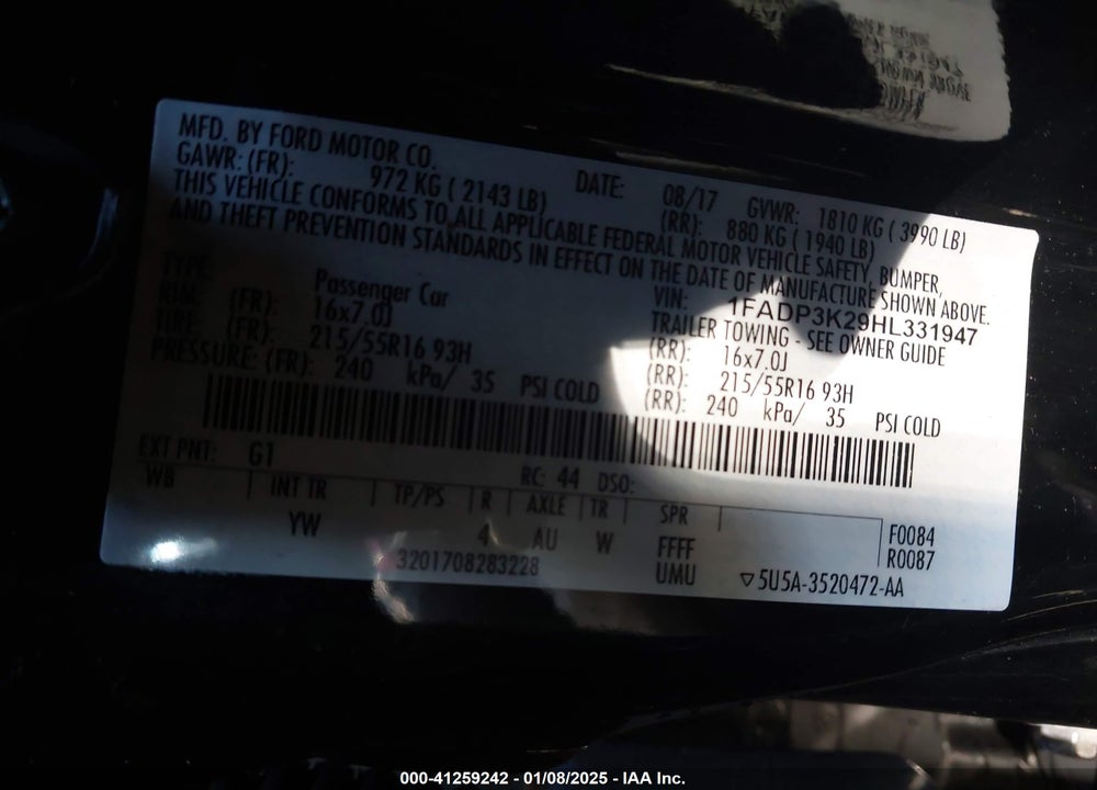 2017 FORD FOCUS SE VIN: 1FADP3K29HL331947