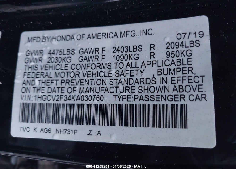 2019 HONDA ACCORD SPORT 2.0T VIN: 1HGCV2F34KA030760