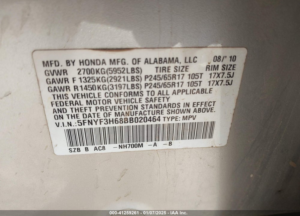 2011 HONDA PILOT EX-L VIN: 5FNYF3H68BB020464