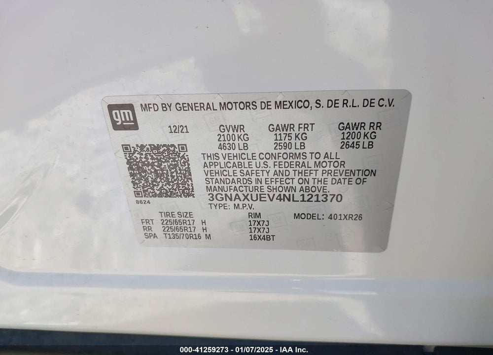 2022 CHEVROLET EQUINOX AWD LT VIN: 3GNAXUEV4NL121370