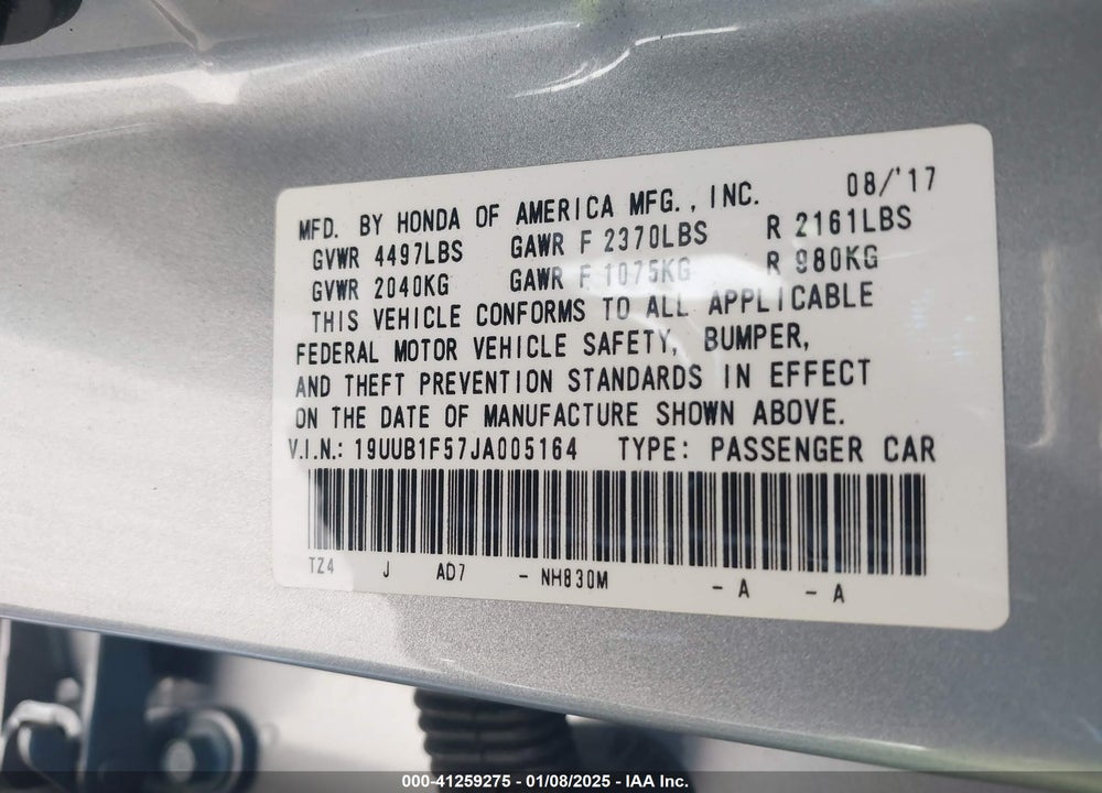 2018 ACURA TLX VIN: 19UUB1F57JA005164