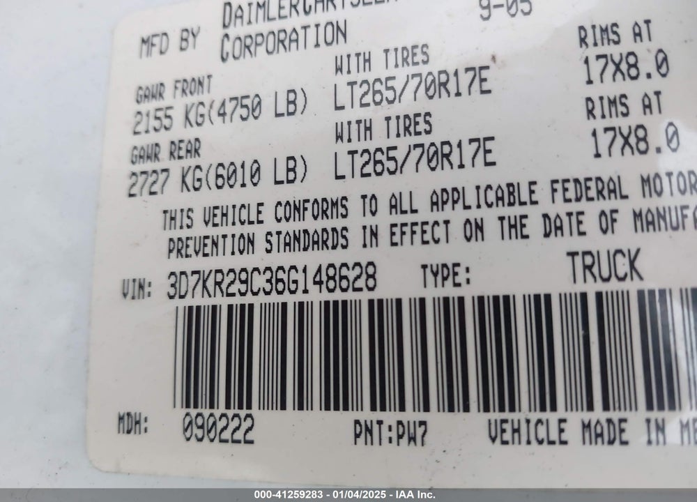 2006 DODGE RAM 2500 SLT VIN: 3D7KR29C36G148628