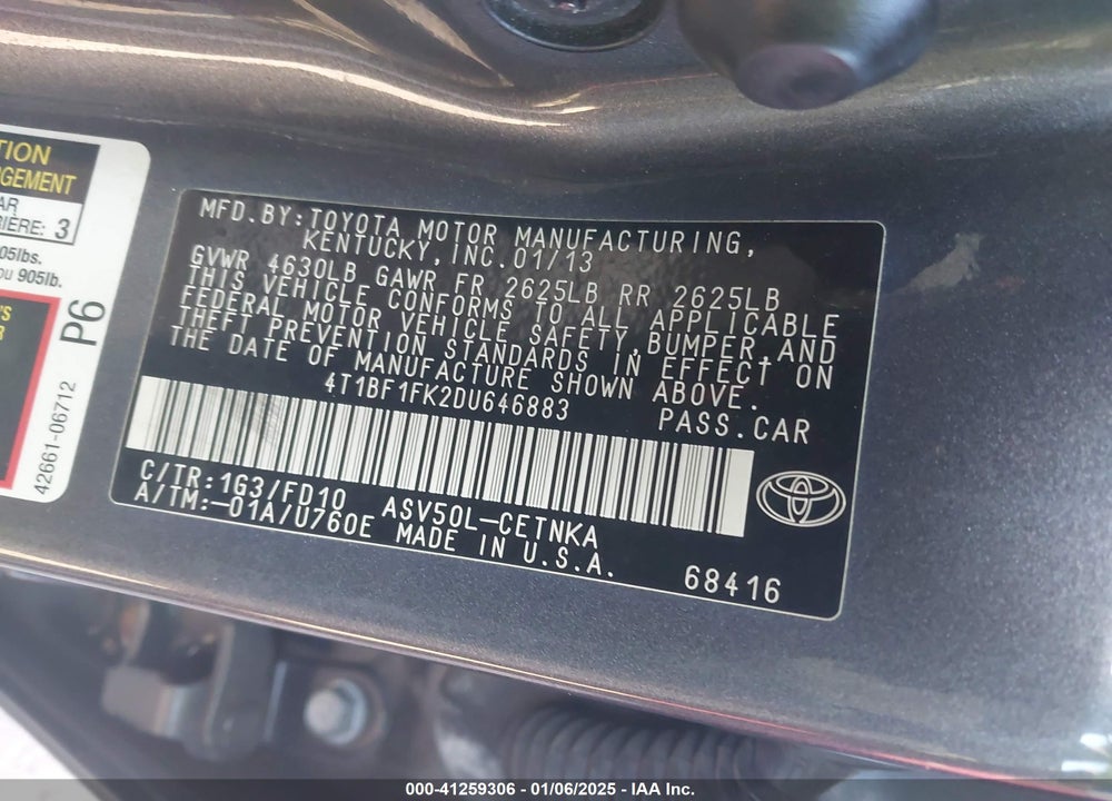 2013 TOYOTA CAMRY VIN: 4T1BF1FK2DU646883