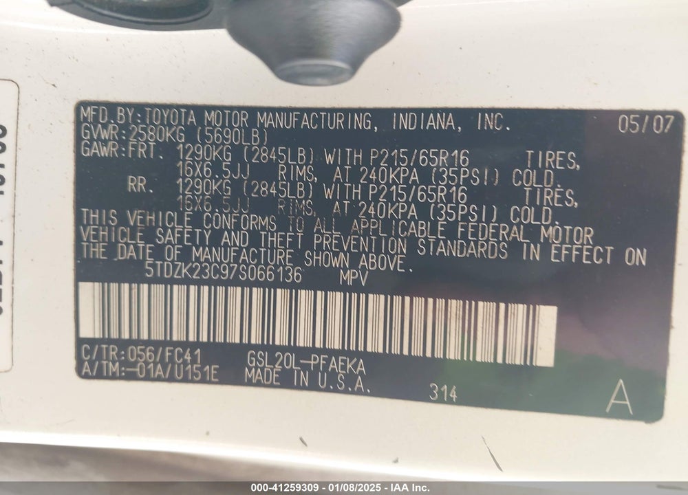 2007 TOYOTA SIENNA LE VIN: 5TDZK23C97S066136