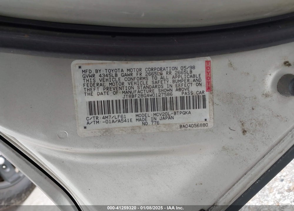 1998 LEXUS ES 300 VIN: JT8BF28G4W0127586